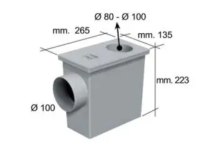 Pozzetto pluviale mm. 135×265 sifonato con innesto tubi quadri 80-100, scarico D. 100-First-Tubiplast